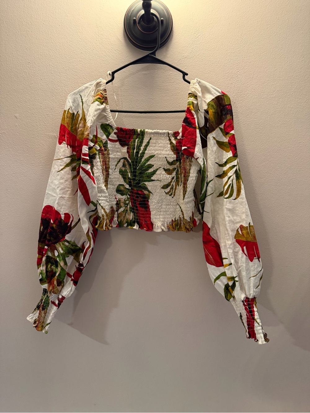 Maison d'Amelie Paris Floral Pineapple Smocked Puff Sleeve Crop Top Medium